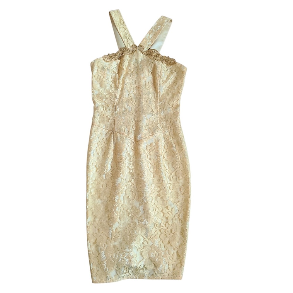 Gunne Sax Jessica McClintock Vintage Lace Halter Dress Cream Gold Size XXS READ